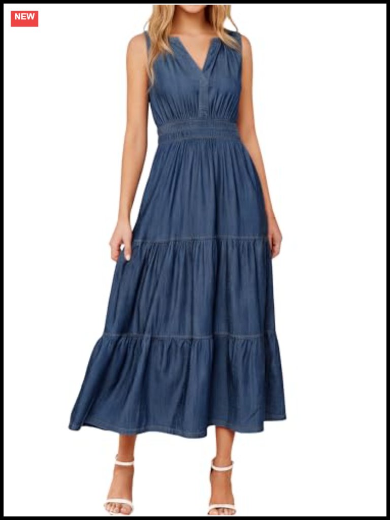 Sleeveless Denim Maxi Dress With Pockets A-Line Empire Waist